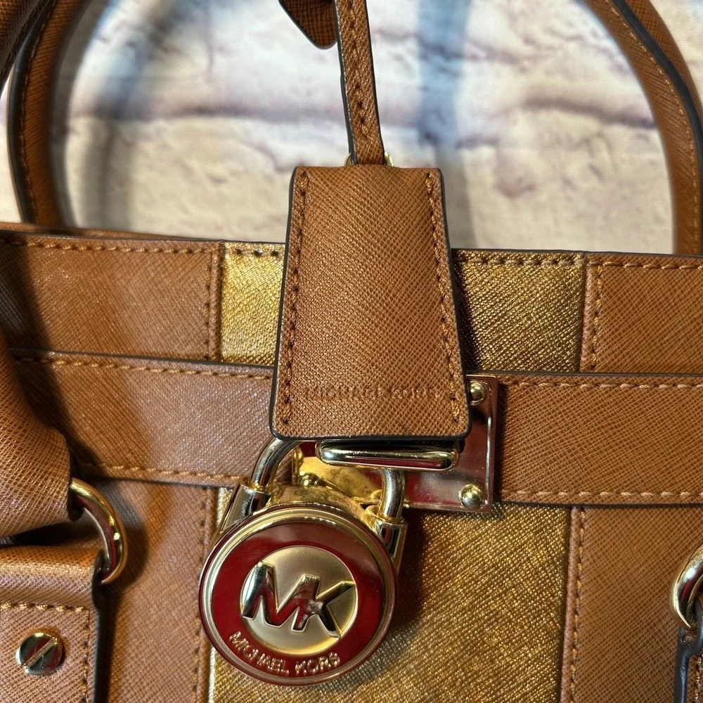 Michael Kors Hamilton Satchel Bag Brown Center Stripe Luggage Saffiano Leather